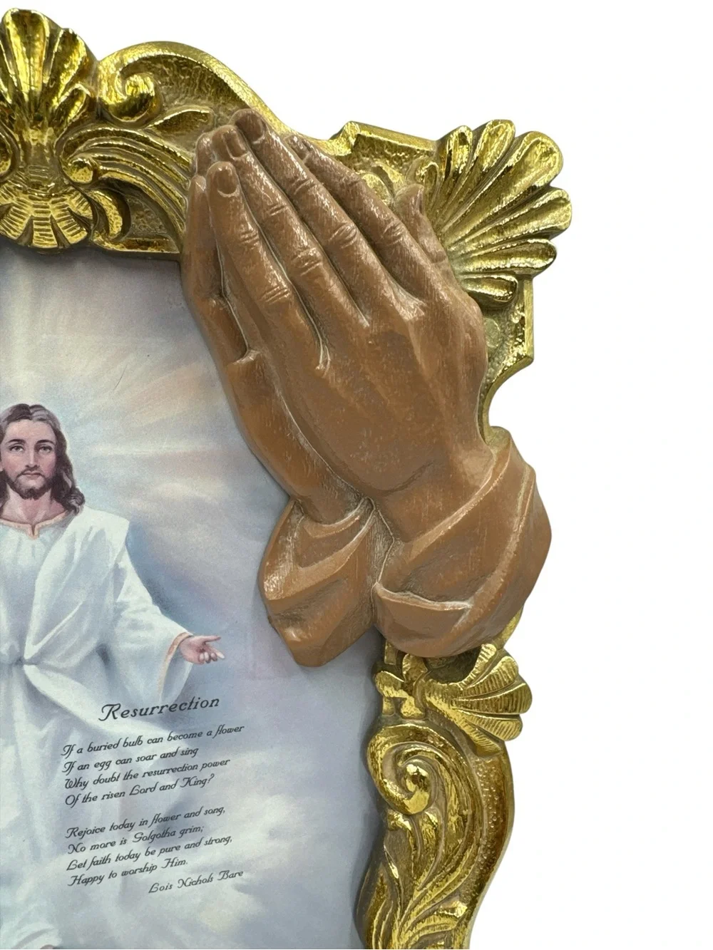 Vintage Jesus Resurrection Wall Plaque Praying Hands Gold Baroque Frame Gold